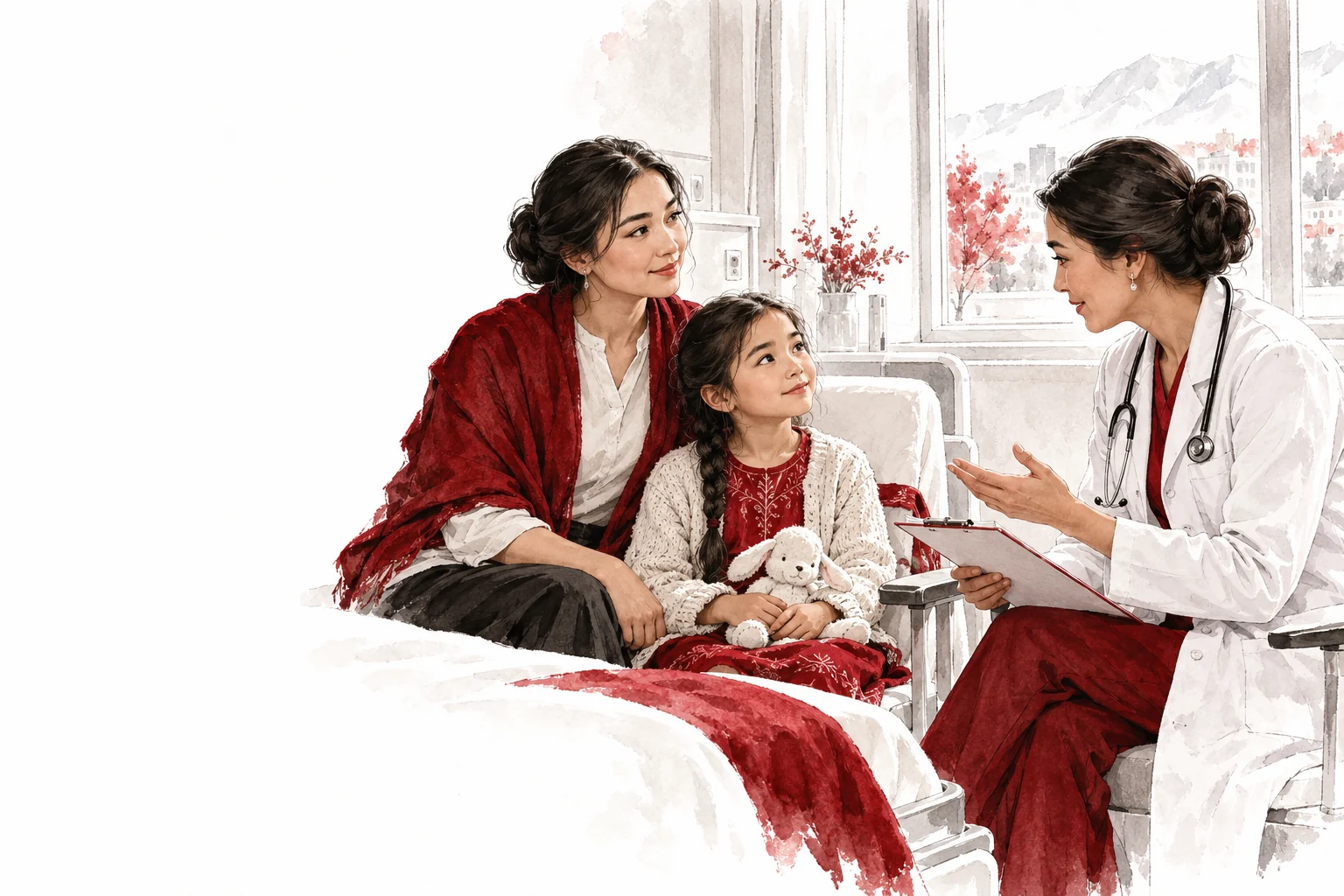 Illustration of a mother and daughter speaking with a doctor in a calm hospital room