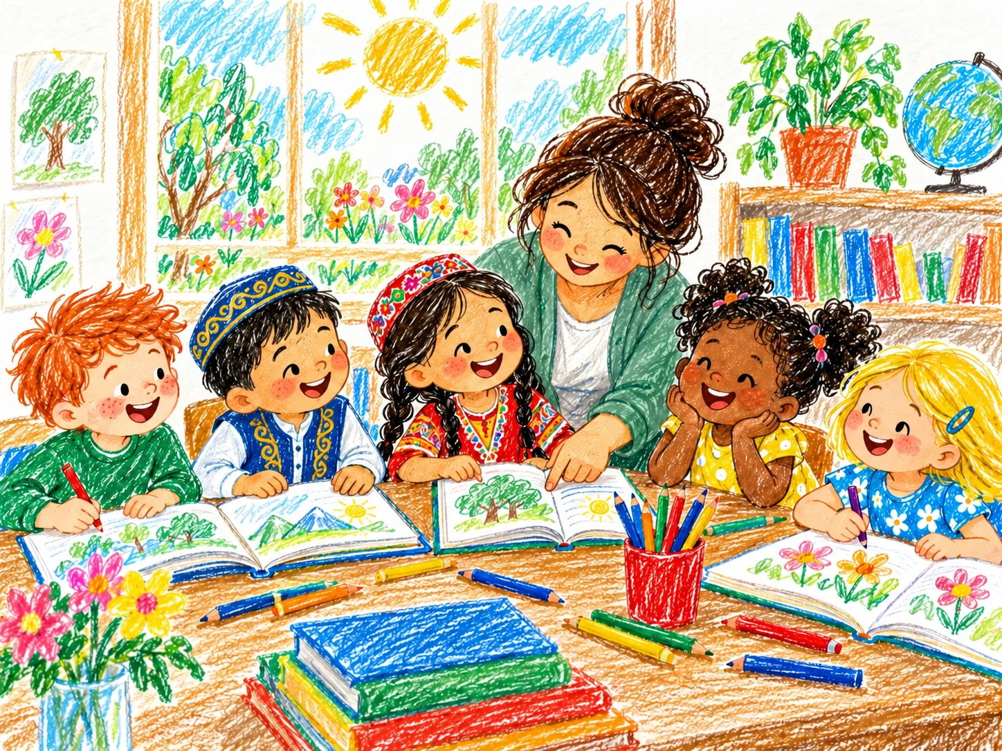 Crayon drawing of children learning and reading together with a teacher