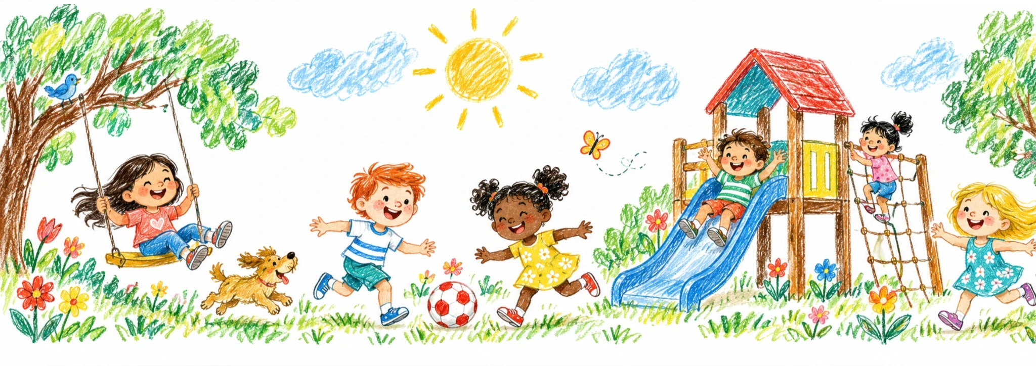 A wide, colourful crayon drawing of children playing together in a sunny park with a swing, ball and playground