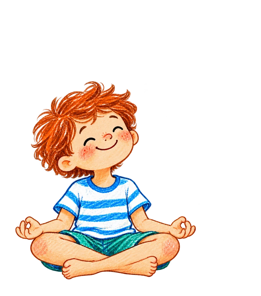A smiling boy sitting cross-legged