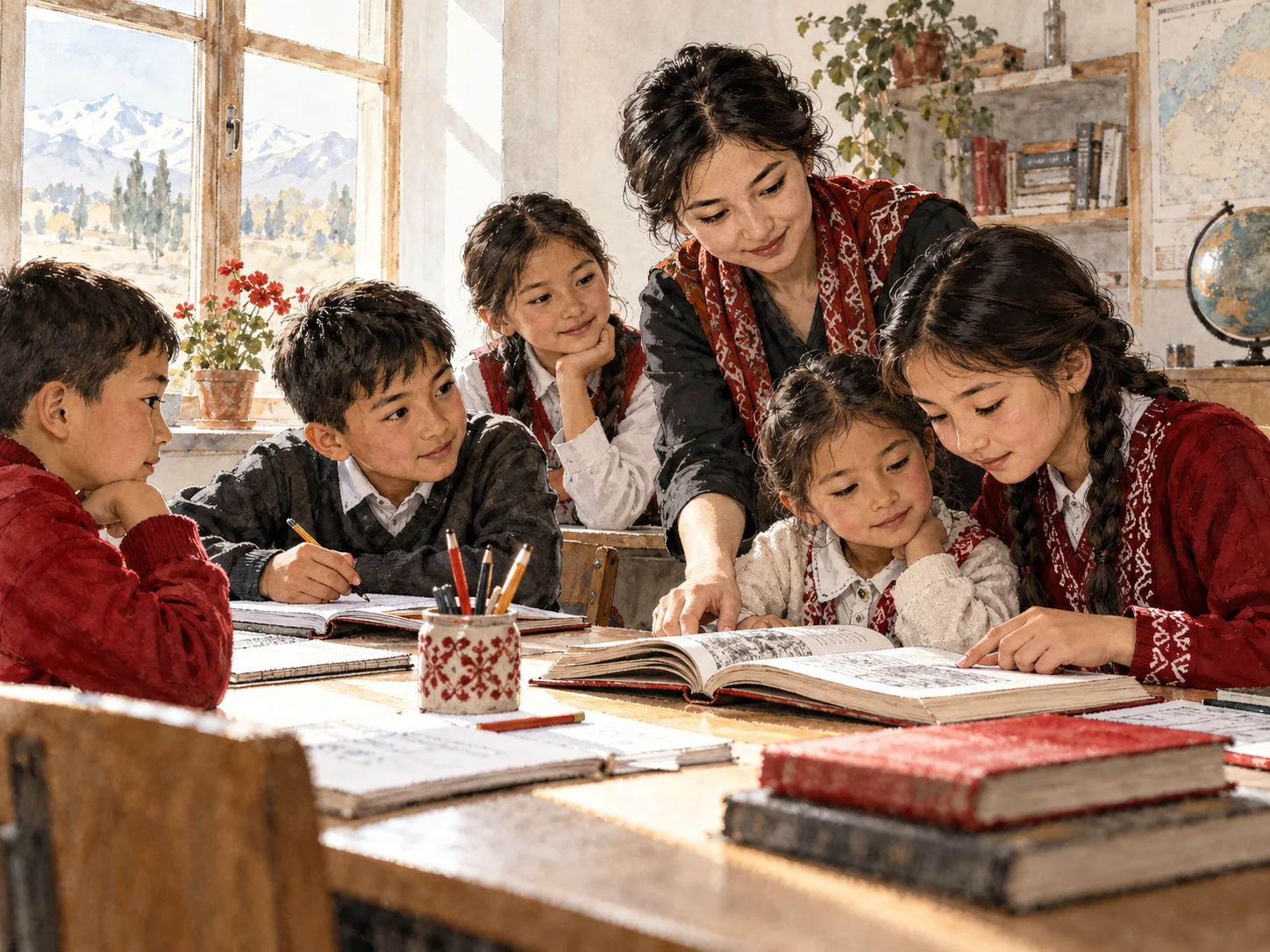 Illustrative scene of a teacher guiding students