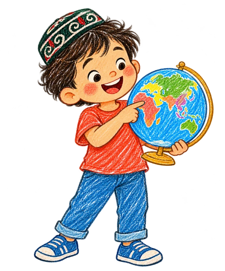 A smiling boy in a traditional Central Asian tubeteika looking at a globe